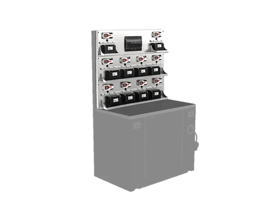 Stainless steel wall panel with predisposition LV8 EQPCP0-01 for housing 10 chargers and electric panel (optional)