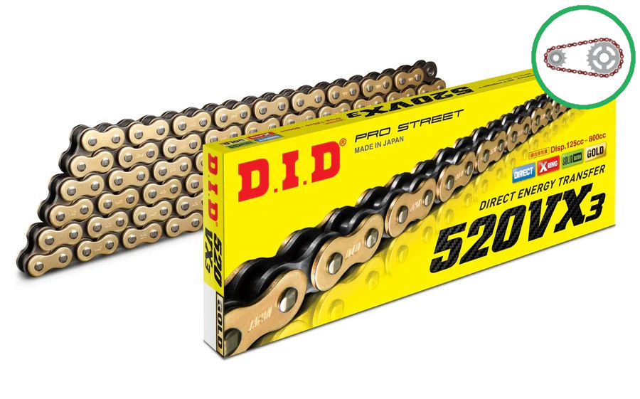 Chain kit D.I.D Chain - Zlat chain 520 VX, X-ring (X, NX, QX, XS), CHK front sprocket SUPERSPROX, CHK rear sprocket SUPERSPROX STEALTH for DUCATI Monster 800 S2R Dark 2006